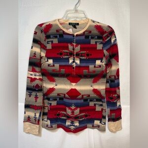 Lauren By Ralph Lauren Southwest Henley Knit Sweater - Red, Blue, Cream